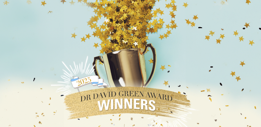 Golden trophy with stars celebrating the 2025 Dr. David Green Award winners, an annual Muscular Dystrophy Canada recognition for outstanding contributions to the neuromuscular community.