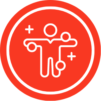 Icon of a person with connected nodes representing health or care coordination, surrounded by a red circle with medical cross symbols.
