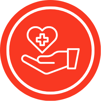 White line icon of a hand holding a heart with a medical cross inside, symbolizing care, compassion, or health support, on a red circular background.