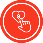 Icône circulaire rouge d'une main cliquant sur un cœur contenant un signe dollar, symbolisant l'acte de faire un don en ligne.