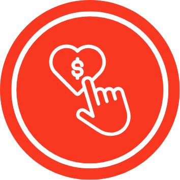 Icon of a clicking hand and a heart with a dollar sign in it.