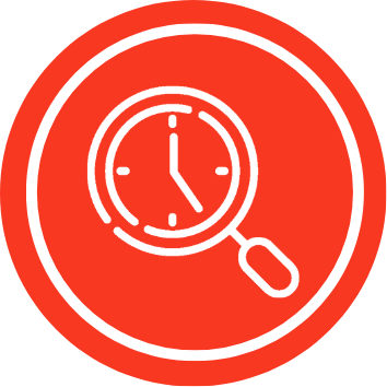Icon of a magnifying glass focused on a profile of a clock.