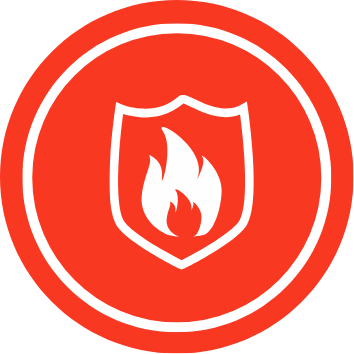 Icône rouge d'un écusson avec une flamme, symbolisant les services de sécurité incendie.