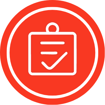 Icône rouge d'une planchette à pince avec une coche, symbolisant la participation et l'apprentissage.