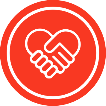 Icône rouge de deux mains qui se serrent en forme de cœur, symbolisant le partenariat et la collaboration.
