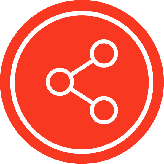 Icône rouge de trois points reliés, symbolisant le partage, le réseautage et les liens communautaires.