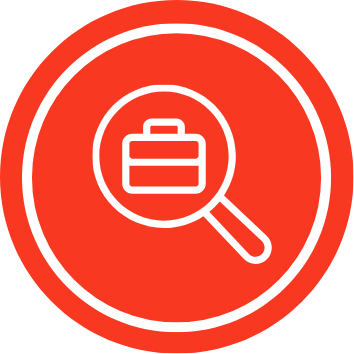 Icône rouge d'une loupe sur une mallette, symbolisant le recrutement du personnel et des bénévoles.