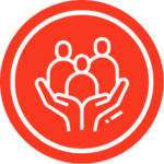 Icône circulaire rouge avec une illustration au trait blanc représentant deux mains berçant un groupe de trois personnes (deux adultes et un enfant), symbolisant le soutien communautaire et la bienveillance.