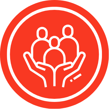 White line icon of two open hands holding three people figures, representing community support, care, or protection, on a red circular background.
