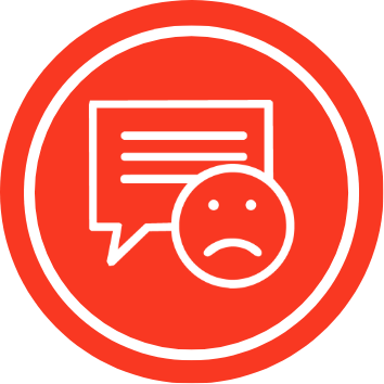 A bright red circular icon featuring a white line-art illustration of a speech bubble next to a sad face emoji.