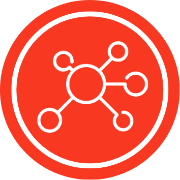 Icône circulaire rouge illustrant un réseau de cercles connectés, symbolisant la recherche et la collaboration.