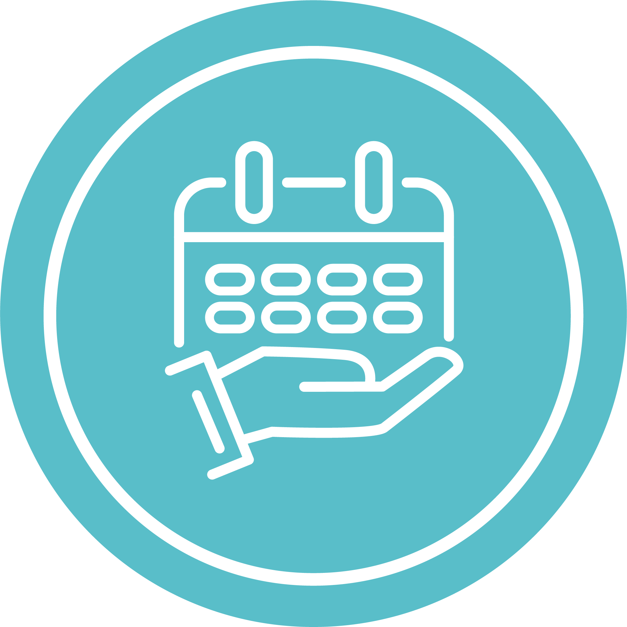 Une icône circulaire bleu sarcelle avec une illustration au trait blanc. L'image montre une main tenant un calendrier, symbolisant un don mensuel ou récurrent.