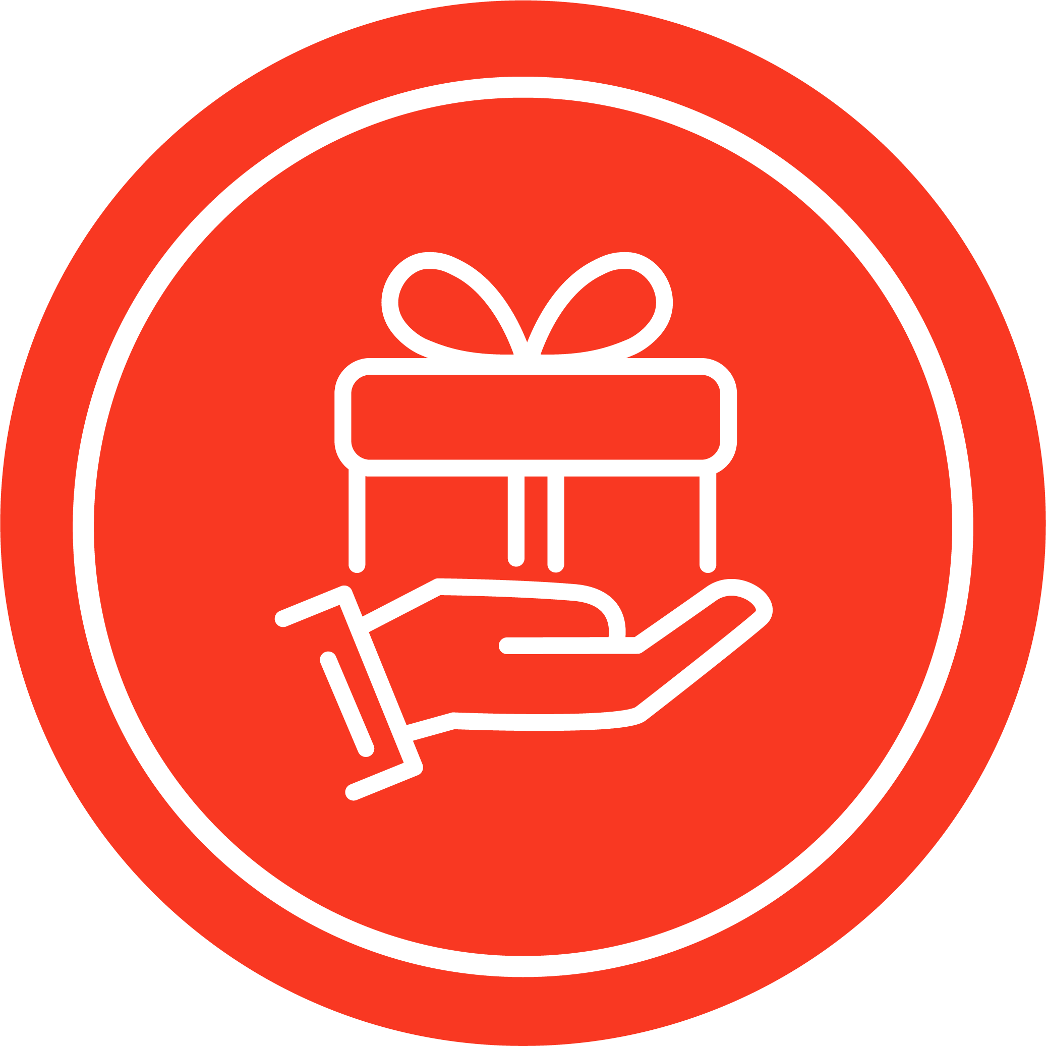 Icône circulaire rouge avec le contour blanc d’une main tenant un cadeau emballé, symbolisant un don ou un don ponctuel.
