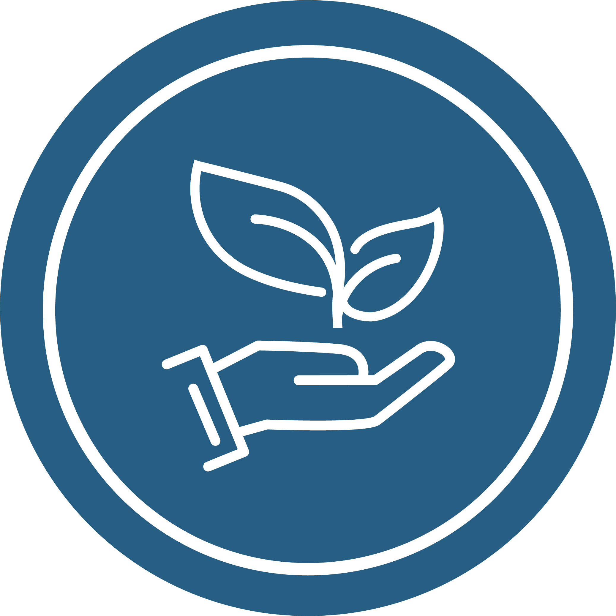 Icône circulaire bleue avec le contour blanc d’une main tenant une jeune plante, symbolisant le don planifié, la durabilité ou le soutien à long terme.