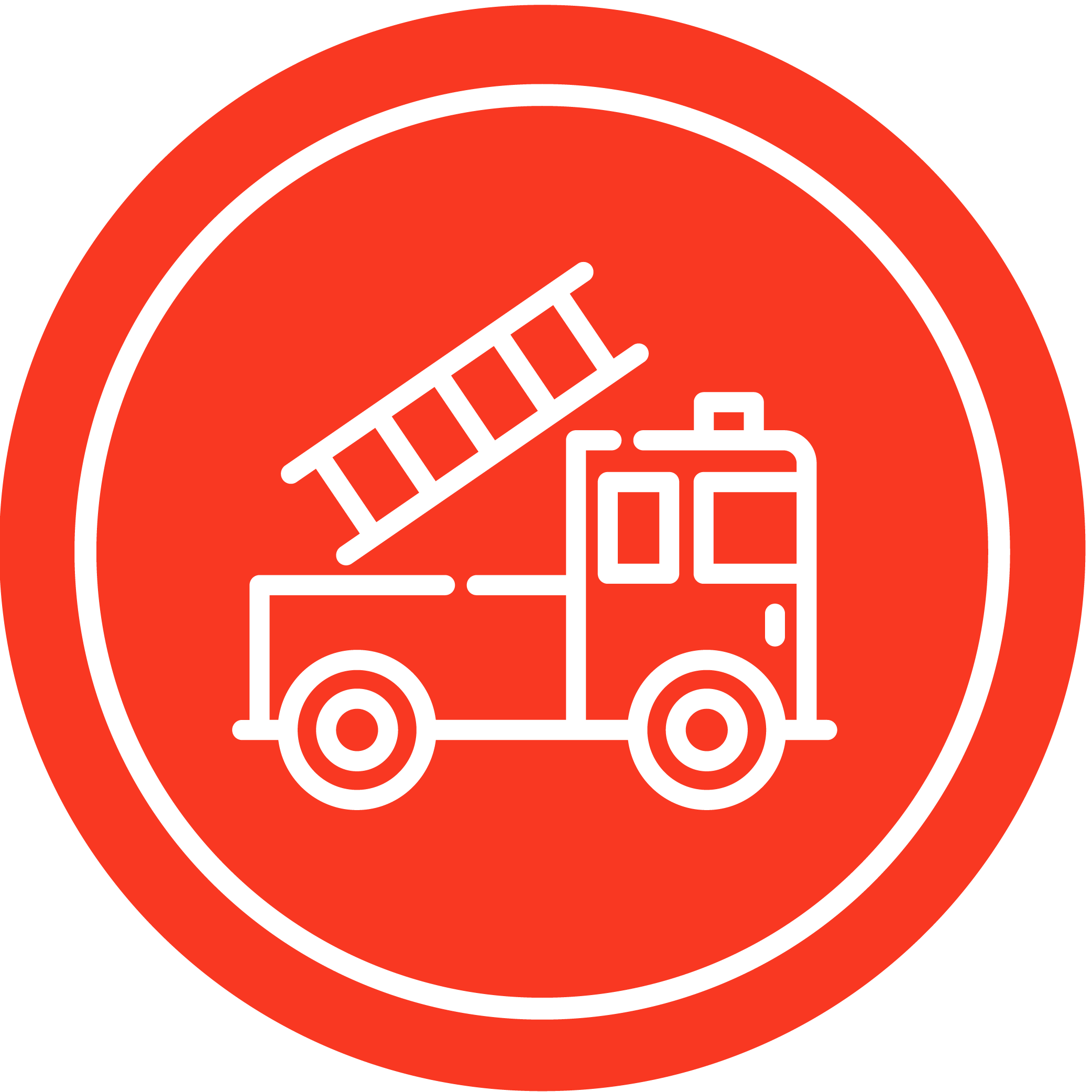 A red circular icon with a white outline featuring a white line drawing of a fire truck with a ladder on top in the center.