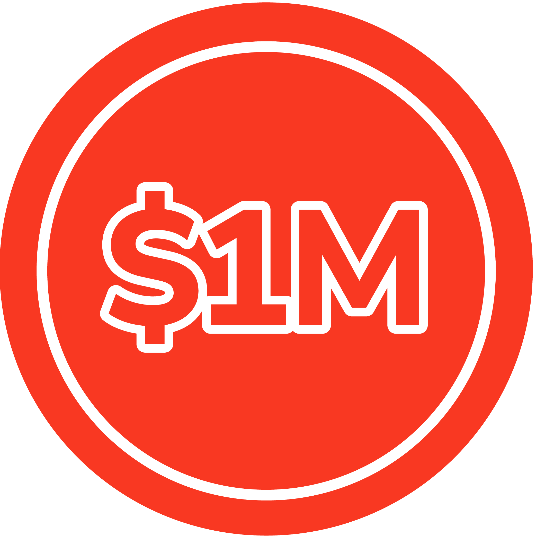 A red circular icon with a white outline featuring the text “$1M” in bold white letters at the center.