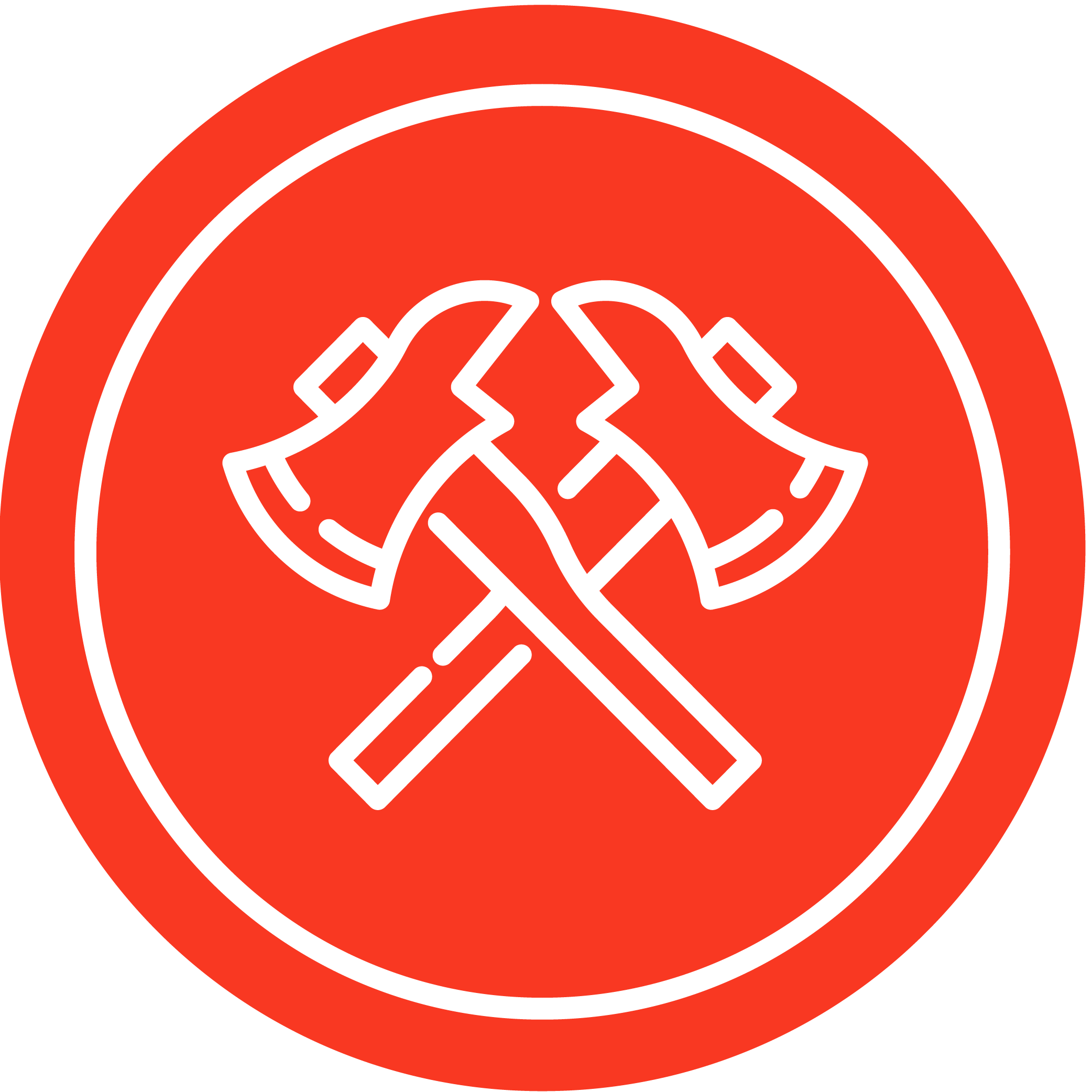 A red circular icon with a white outline showing two crossed fire axes in white line art at the center.