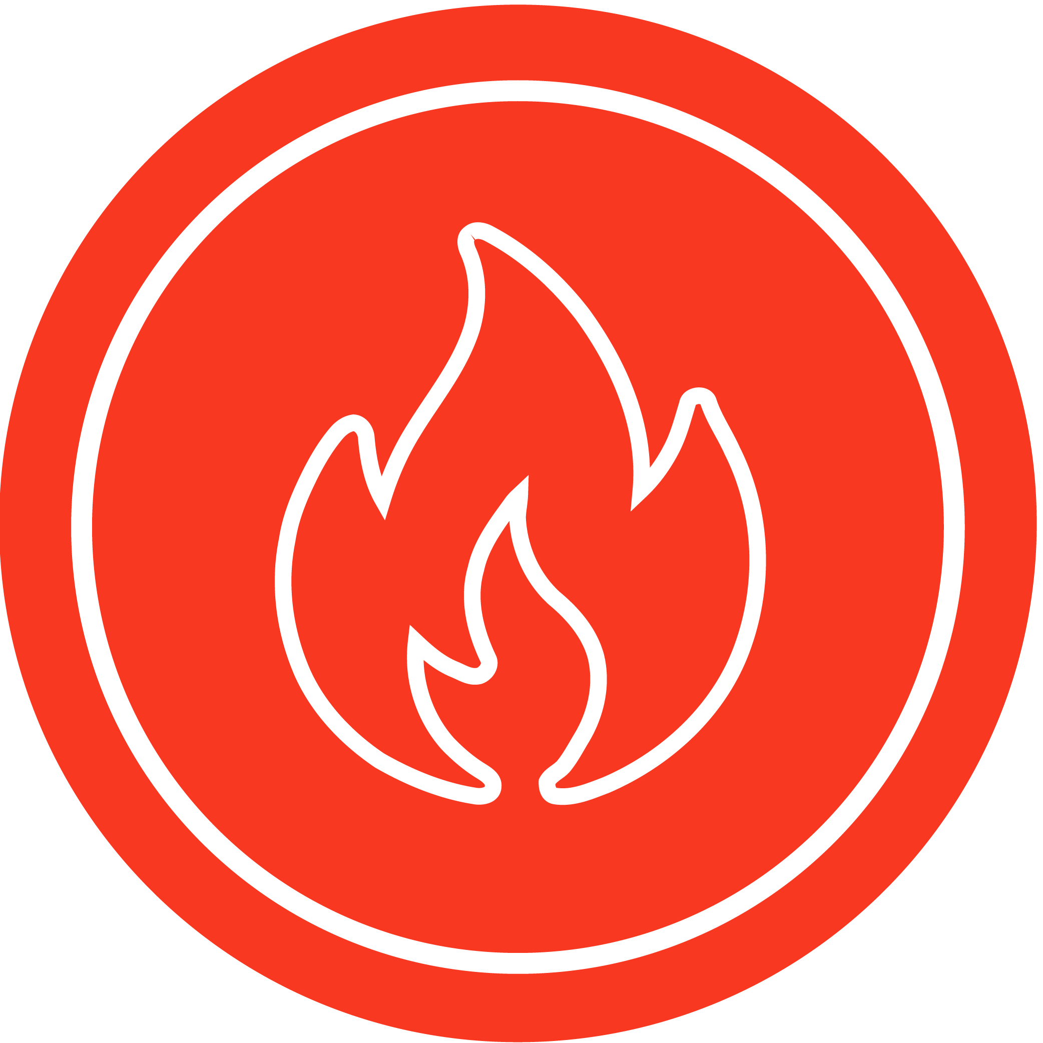 A red circular icon with a white outline displaying a white flame symbol in the center.