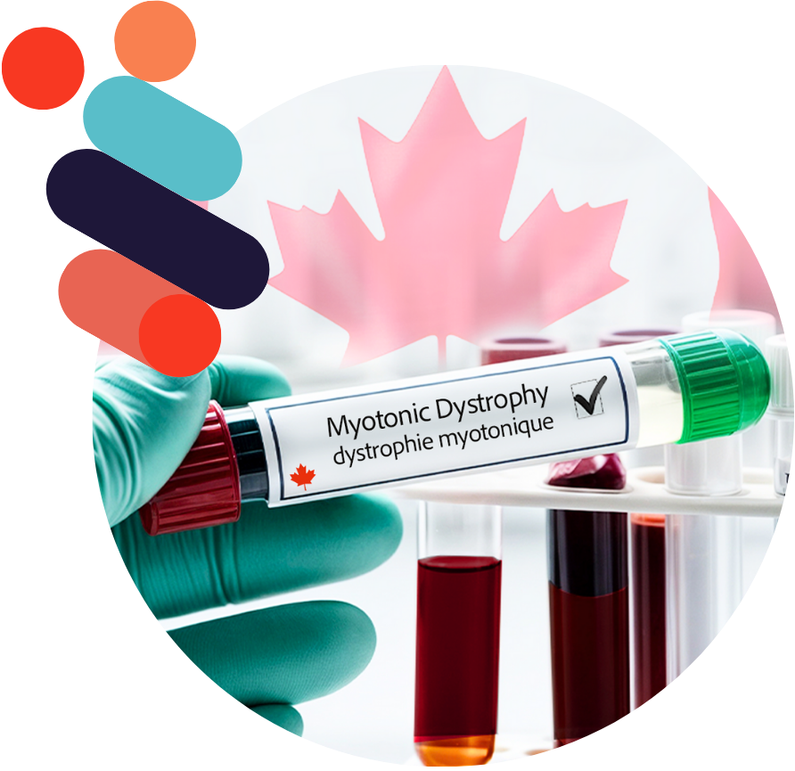 A gloved hand holds a test tube labeled “Myotonic Dystrophy / dystrophie myotonique” with a checkmark and a small Canadian flag. In the background, several blood sample tubes are visible, and a translucent Canadian flag overlays the image.