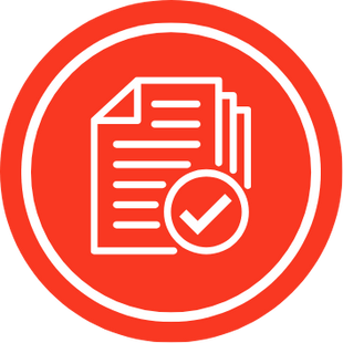Red circular icon with a white outline of stacked documents and a checkmark, representing approved or verified documents.