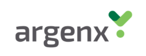 Brand name "argenx" written in grey sans serif font followed by a decorative green down arrow.