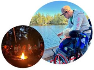 Two overlapping circular photos. One shows a group of people sitting together around a campfire at night in a wooded setting. The other shows a person using a wheelchair fishing from a dock or shoreline beside a calm lake on a sunny day, with trees in the background.