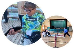 Two overlapping circular photos. One shows a child wearing glasses and a name badge, seated outdoors on a wooden deck, holding and examining an object in their hands. The other shows two people using wheelchairs playing a game with a net in a gymnasium, actively moving and engaging in the sport.